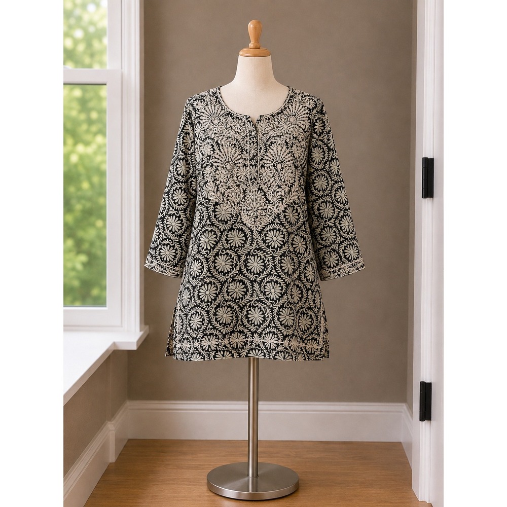 Hand Embroidered 100% Silk Tunic Top Black Floral Block Print India Henley XL